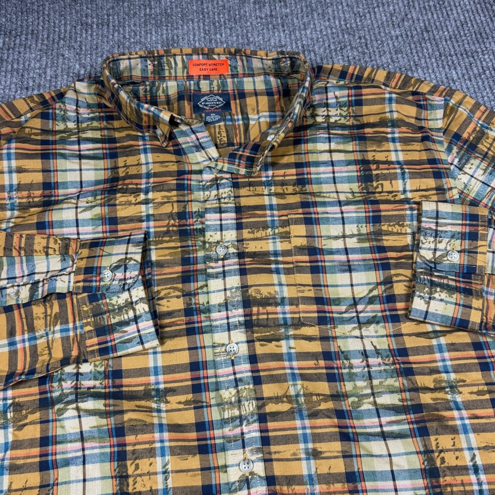 St Johns Bay Shirt Mens XXL Button Up Yellow Plaid Scenic Comfort Stretch Long